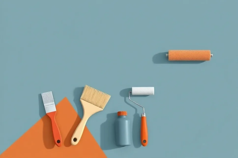 Outils de peinture disposés dans l'ordre des étapes du chantier