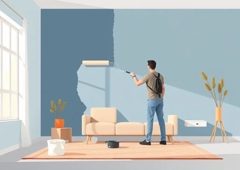 Peintre appliquant la peinture au rouleau sur un mur de salon